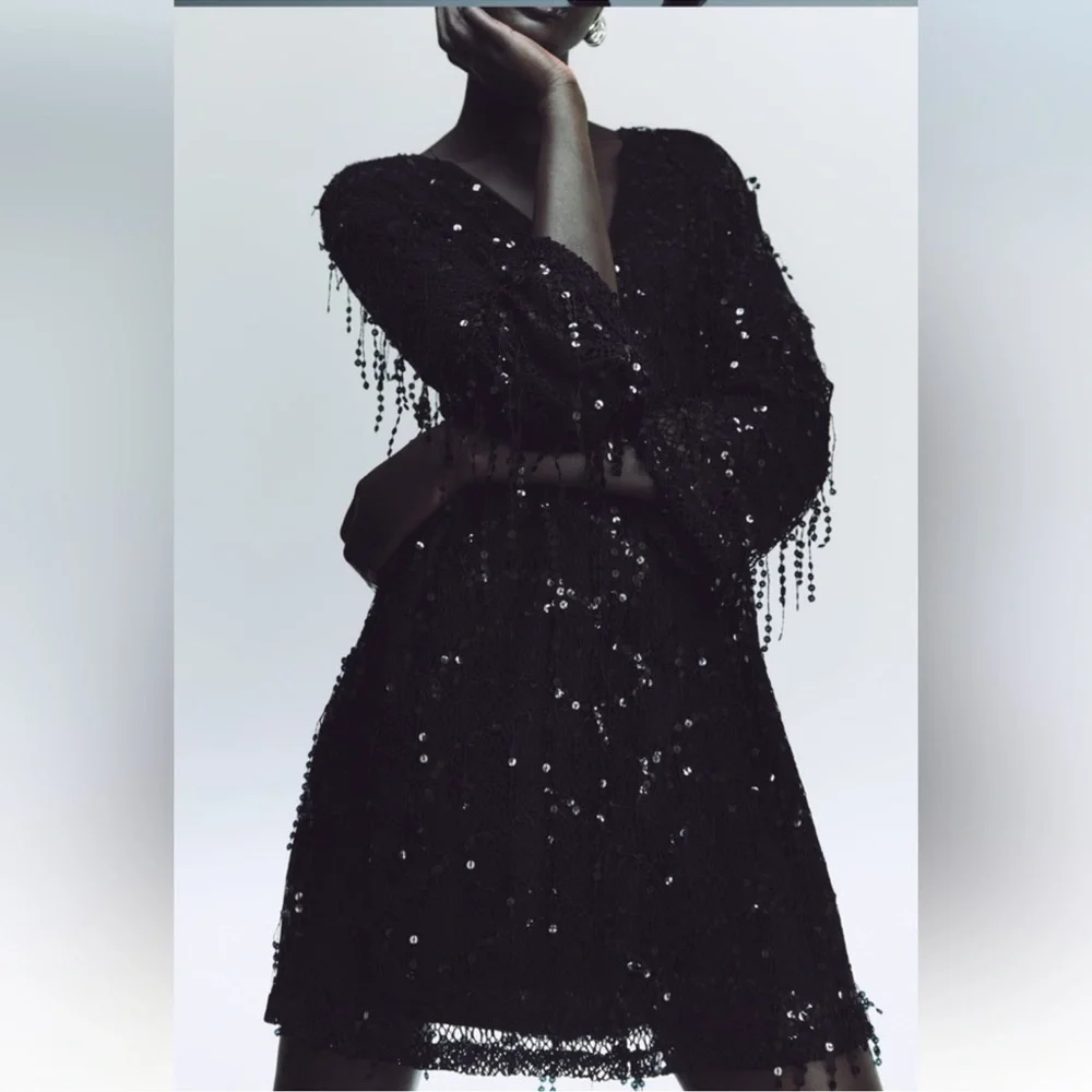 ZARA FRINGED SEQUIN MINI DRESS SIZE SMALL NWT - Picture 3 of 9